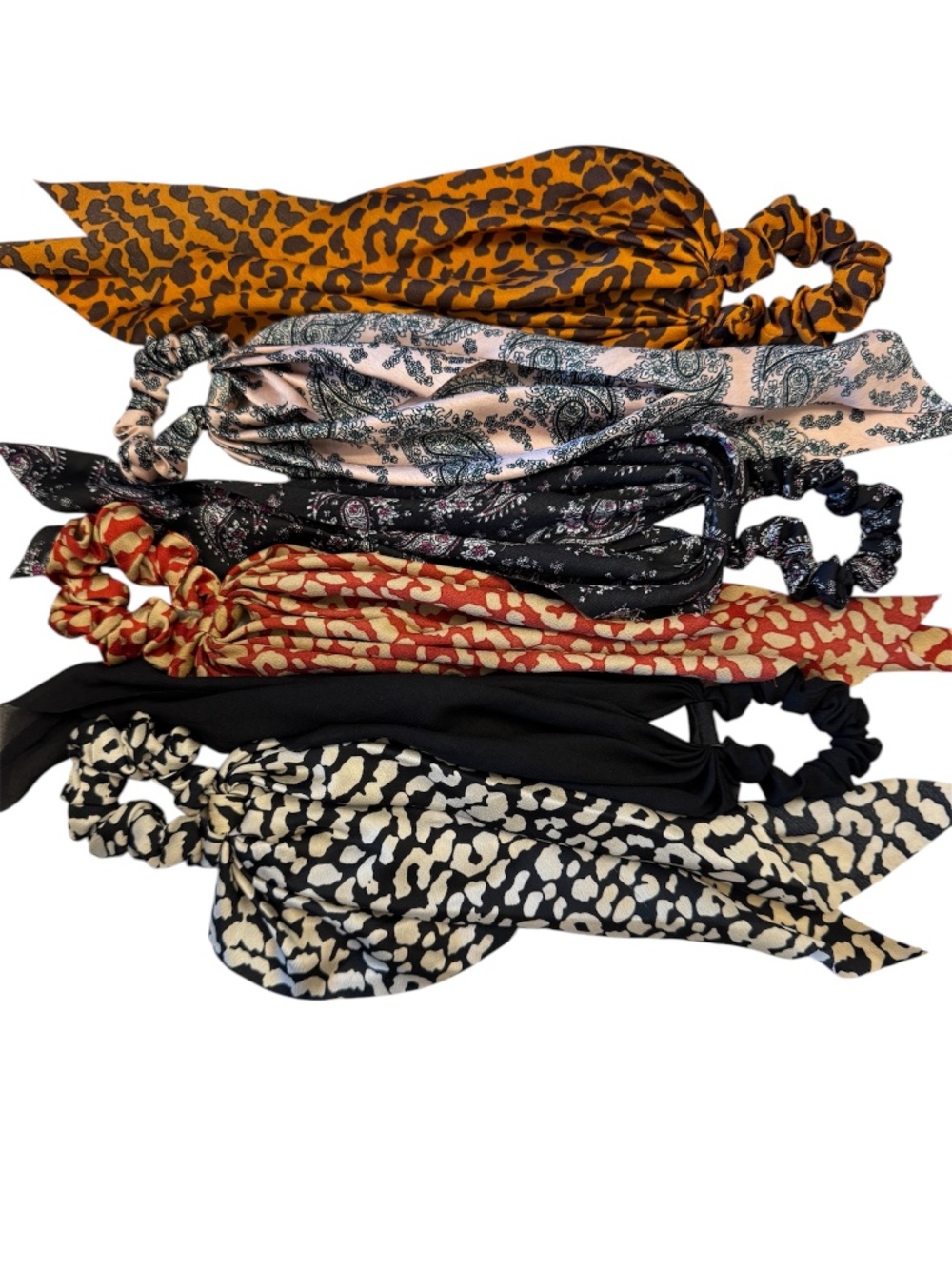 Set of 6 scrunchies Scarf Tail Hair Ties Assorted Solid, Paisley,Patterns